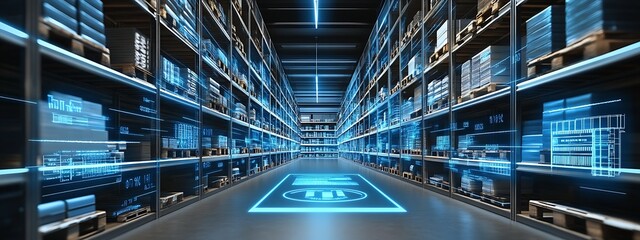 Poster - A futuristic warehouse corridor illuminated with blue digital data projections : Generative AI