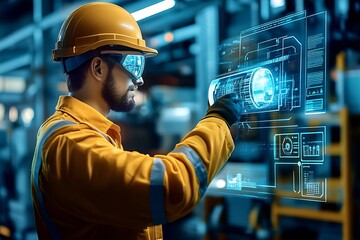 Leinwandbilder - engineer working in logistics center on maintanance with data holograms around objects : Generative AI