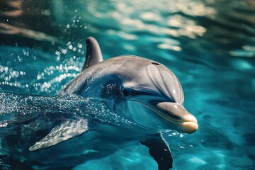 Wall Mural - Close up of a Dolphin Swimming in Blue Water