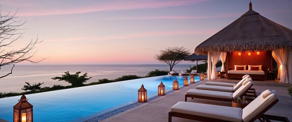 Wall Mural - Serene and luxurious outdoor setting at sunset, featuring an infinity pool that seamlessly blends with the horizon of the ocean. 