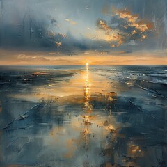 Poster - Golden Sunset Over the Ocean: A Serene Seascape Painting