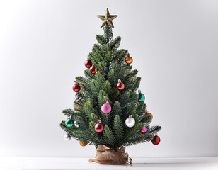 mini christmas tree with colorful decorations on white background