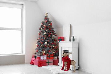 Sticker - Interior of festive living room with gift boxes under Christmas tree and fireplace