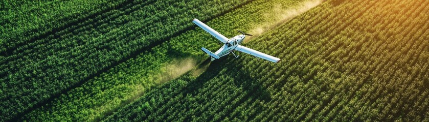 Airplane soaring above a verdant forest, captivating view of nature and technology in harmony