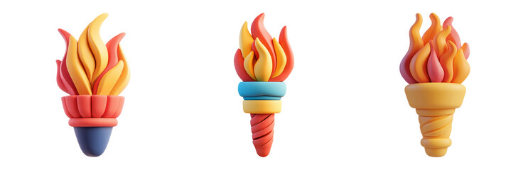 Wall Mural - Colorful Decorative Torch Illustrations in 3 Styles Isolated on Transparent Background