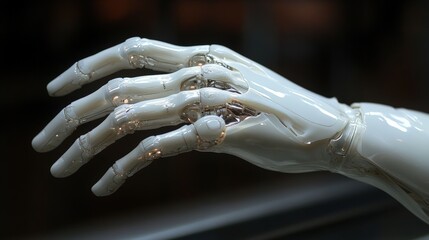 Detailed robotic hand showcasing advanced technology against a dark background.