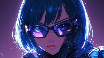 Poster - Cyberpunk Anime Girl with Blue Hair and Sunglasses