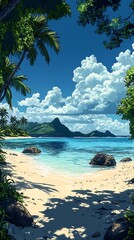 Wall Mural - Tropical beach scene with clear blue water, white sand, palm trees and lush green mountains in the distance