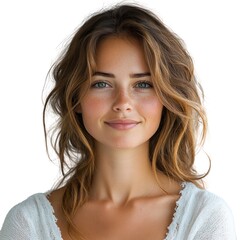 Poster - A woman with brown hair and a white shirt is smiling