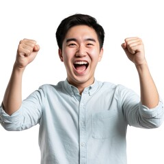 Poster - A young man is smiling and raising his hands in the air