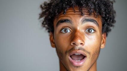 Poster - A man with a beard and dark hair is looking at the camera with his mouth open
