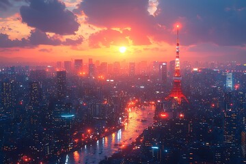 Poster - Aerial View of Cityscape at Sunset with Tower and River