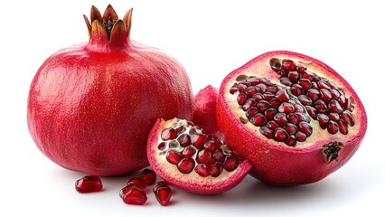 A red pomegranate is cut in half and has seeds scattered around it