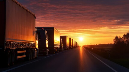 Trucks in a Convoy Traveling at Sunset