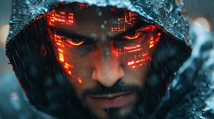 Sticker - Cyberpunk Man with Digital Interface on Face, Glowing Eyes, and Futuristic Look