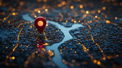 Poster - City map with location pin illuminated at night, navigation concept