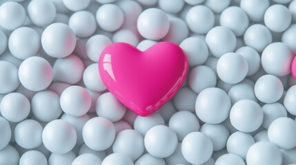 Poster - Pink heart among white spheres, abstract concept. Love and contrast in minimal design