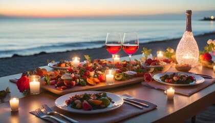 Intimate beach dinner setting at sunset with a table for two, accompanied by rose wine, ideal for a romantic getaway or special occasion.