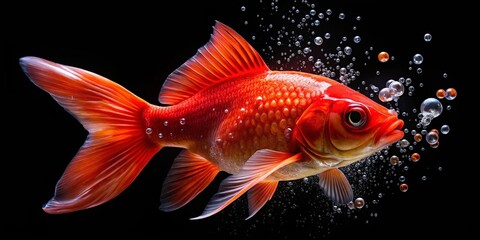 A vibrant red goldfish swims through a cascade of iridescent bubbles against a stark black background.