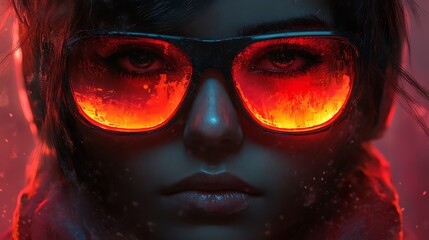 Wall Mural - Closeup of a woman's face wearing sunglasses reflecting a fiery orange light. Cyberpunk, futuristic, and mysterious.