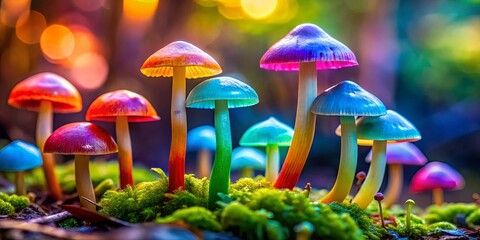a vibrant array of colorful mushrooms emerges from a lush bed of moss, bathed in a soft, ethereal gl