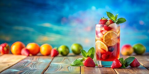 A refreshing glass of fruit infused iced tea, garnished with fresh mint, surrounded by various summer fruits on a wooden table