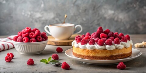 Creamy Whipped Cream Cake Topped with Fresh Raspberries and a Bowl of More Raspberries on a Grey Surface