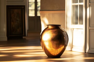 Poster - A stunning golden vase illuminated by warm sunlight in an elegant room with large windows and classic architecture. Generative AI