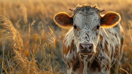 Wall Mural - Close-up Portrait of a Curious Cow in a Field