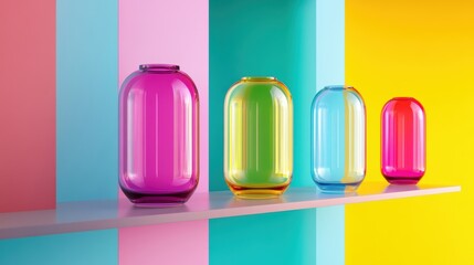 Poster - Brightly colored glass vases line the shelves against a backdrop of pastel hues, creating an appealing and modern aesthetic