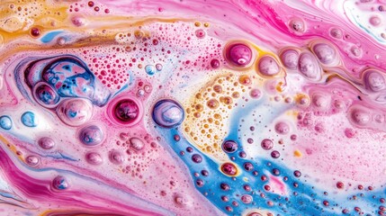 Poster - A stunning array of colorful bubbles forms intricate patterns in abstract liquid art, showcasing vibrant pinks, blues, and yellows flowing together
