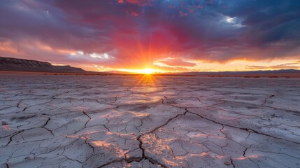 Wall Mural - a breathtaking sunset creates a warm glow over the cracked desert floor as vibrant colors fill the s