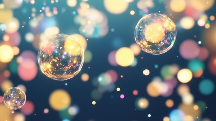 Poster - Delicate bubbles drift through the air, reflecting vibrant colors against a deep, dark backdrop, creating a visually captivating effect