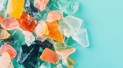 Poster - A collection of colorful glass fragments in different shapes lies scattered on a vibrant blue background, creating a striking visual contrast