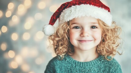 Sticker - A cheerful child, adorned in a Santa hat, beams with happiness amidst festive decorations and sparkling lights during the holiday season