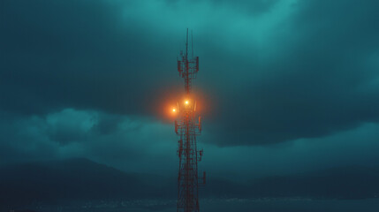 Cell tower close-up showing weathered metal and aging equipment, dramatic lighting with storm clouds overhead