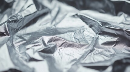 Poster - The shiny silver foil displays various crinkles and folds that create unique textures and reflections under soft lighting