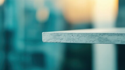 Poster - A minimalist empty white shelf takes center stage, surrounded by a softly blurred urban backdrop, inviting creativity and organization