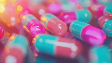 Poster - Brightly colored capsules reflect light dramatically, showcasing their vivid hues and glossy surfaces in a captivating arrangement