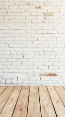 Poster - A spacious area features a clean, empty white brick wall complementing the natural wooden floor, ideal for creative endeavors or presentations