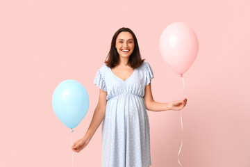 Canvas Print - Beautiful happy pregnant woman with balloons on pink background. Gender reveal party concept