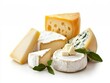 © Yelloone - Assorted cheese selection with fresh herbs on a white background.