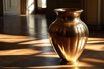 Poster - Elegant bronze vase illuminated by sunlight in a sunlit room with wooden floors showcasing unique shadows in the afternoon. Generative AI
