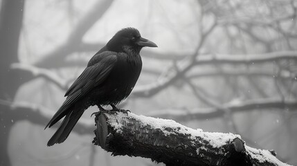 Canvas Print - Black Crow Perched on a Snowy Branch