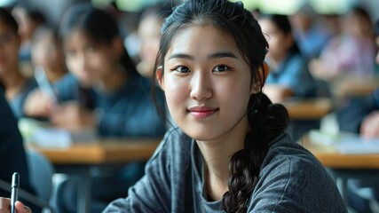 Poster - A student sits attentively in a classroom filled with fellow learners, taking notes and showing eagerness to absorb knowledge during a lesson.