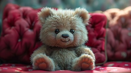 Poster - Adorable Teddy Bear Sitting on a Red Couch