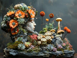 Poster - Floral Sculpture with Succulents and Mushrooms