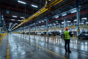 Poster - A worker wearing a safety vest stands in a vast automotive assembly area during evening hours, overseeing the production line filled with vehicles and machinery