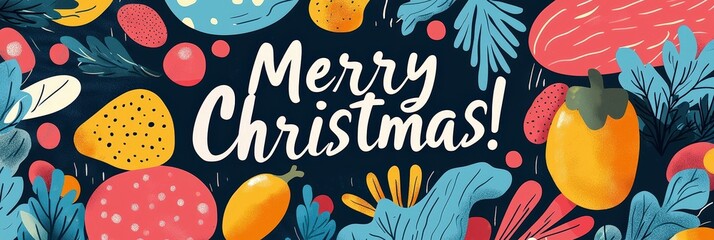 Poster - christmas displays a joyful holiday theme with colorful shapes, foliage, and the cheerful greeting Merry Christmas prominently featured in the center
