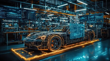 Aufkleber - An advanced electric vehicle is displayed in a state-of-the-art manufacturing plant, illuminated by digital projections highlighting its futuristic features and technologies